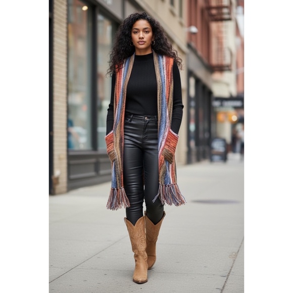 Angie Sweaters - ANGIE Rust Wool Blend Long Sweater Vest with Fringe